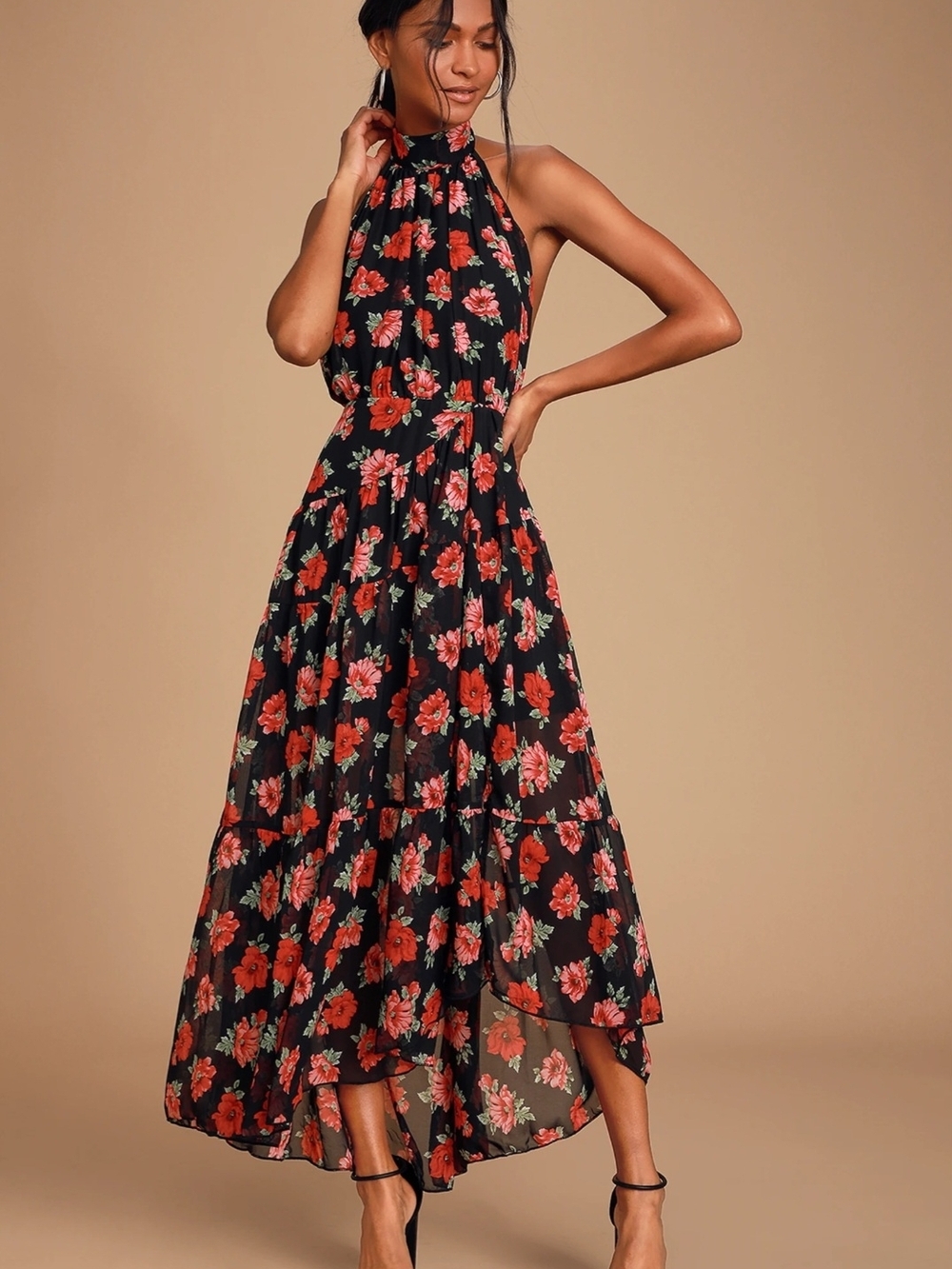 Lulus Black Halter High-Low Maxi Dress with Red Floral Print